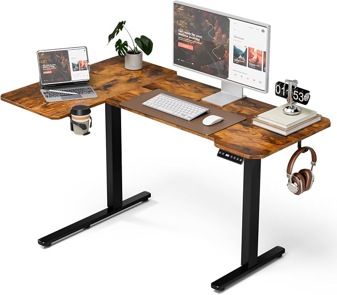 L Shaped Electric Standing Desk - 51x31.5 Inch Reversible Corner Sit Stand Desk with Hook&Cup Holder,Electric Height Adjustable Table,for Small Home Office&Bedroom Computer Desk, Rustic Brown by Acrolix