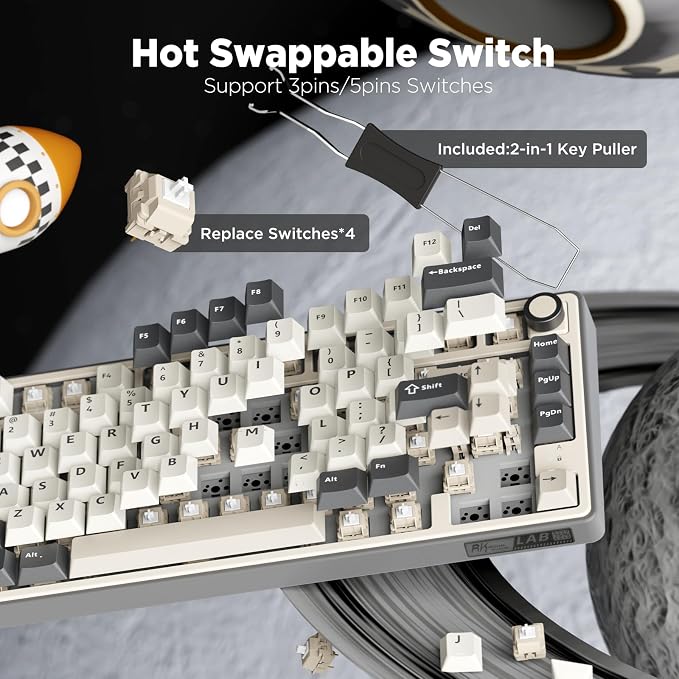 RK ROYAL KLUDGE R75 Wireless Mechanical Keyboard, 75% Percent Custom Gaming Keyboard Gasket Mount RGB Backlit with Knob & PBT Keycaps, BT5.1/2.4GHz/USB-C, Hot Swappable Cream Switch, White - Image 5