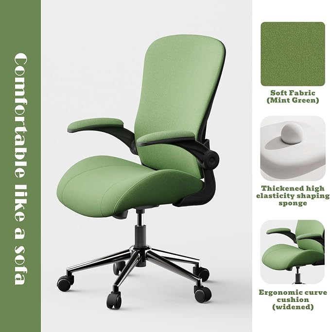 Green Ergonomic Office Desk Chair, Soft Fabric Thickened Curved seat Cushion with Adjustable Lumbar Support, Perfect Blend of Comfort and Good Looks, Ideal Chair for Home or Office, Green - Image 3
