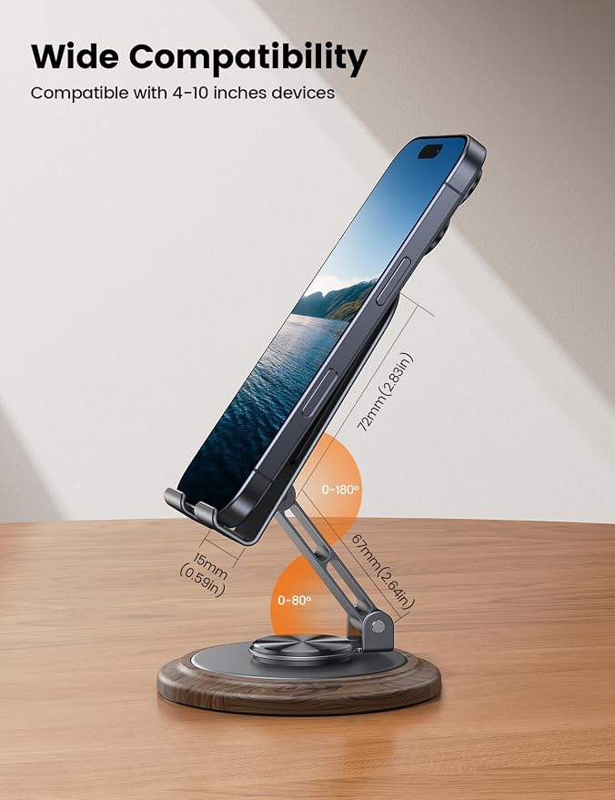 Lamicall Sturdy Grey Phone Stand, Desk Accessories for Men | 360° Rotation Simulated Wood Grain Phone Holder, Office Gaming Room Desk Essentials Decor, Stocking Stuffers for Men Gifts - Image 6