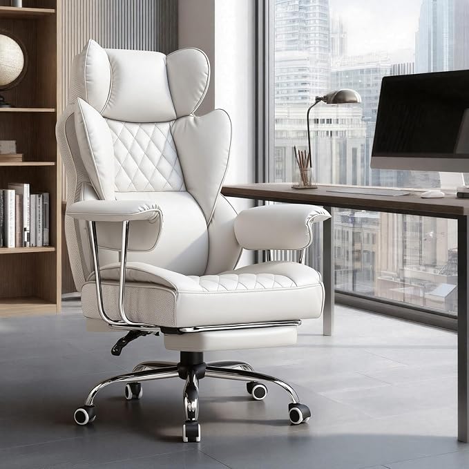 GTPLAYER Gaming Chair,Office Chair with Pocket Spring Lumbar Support, Ergonomic Comfortable Wide Office Desk Computer Chair with Outward Fixed Soft Armrests and Footrest,(PU Leather, White) - Image 2