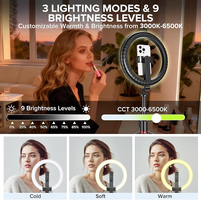 10" Ring Light with Stand 90'' Tall for iPhone & Android, Light with Tripod | Selfie Light with Extendable Tripod Stand, Phone Holder, Remote for YouTube, Makeup,TIKTok, Vlogging - Image 2