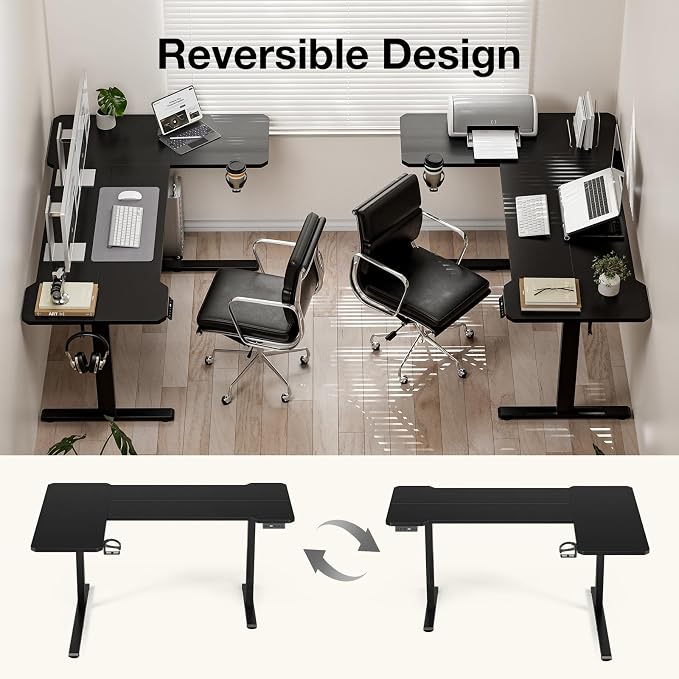 L Shaped Electric Standing Desk - 51x31.5 Inch Reversible Corner Sit Stand Desk with Hook&Cup Holder,Electric Height Adjustable Table,for Small Home Office&Bedroom Computer Desk, Black - Image 5