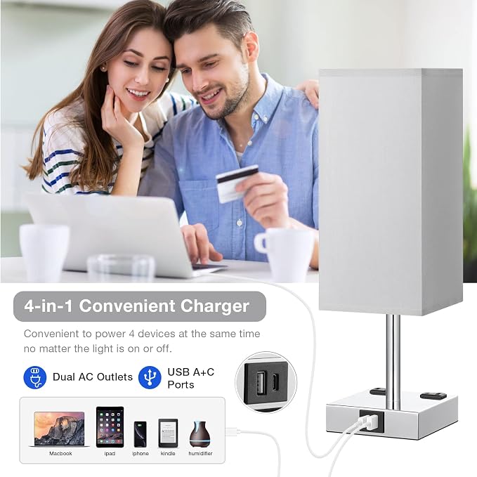Touch Bedside Table Lamp for Bedroom - Dimmable, USB C+A, 2 AC Outlets | 3-Way Dimming, 3000K Bulb Included, Square Grey Lampshade and Silver Base, Desk Lamp for Nightstand, Living Room, Dorm - Image 3