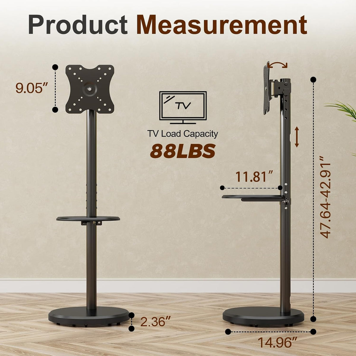 Rolling TV Stand with Wheels for 10-46 Inch TVs, 88 lbs, Black - Image 6