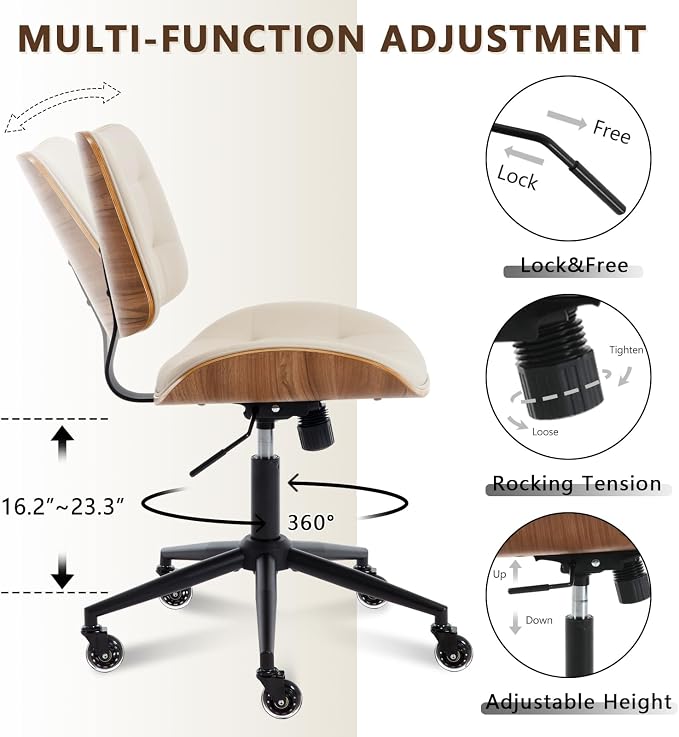 Home Office Desk Chair with Rubber Wheels, Armless Bentwood, Beige | Adjustable Height Armless Office Chair, PU Leather Mid Back 360°Small Computer Chair, No Arms Walnut Seating, 300LBS Support - Image 6