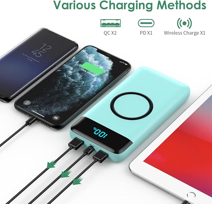 Wireless Portable Charger 30,800mAh,15W Wireless Charging USB C Power Bank,25W PD QC 4.0 Fast Charging 4 Outputs Travel Essentials Battery Pack Compatible with iPhone 17/16/15/14,Galaxy,Android-Green - Image 3
