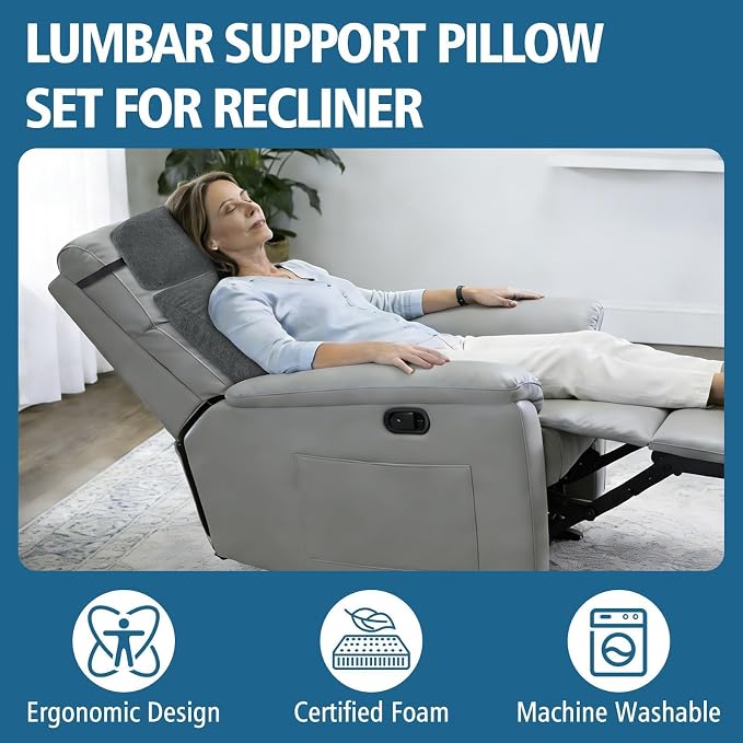 Lumbar Support Pillow for Recliner Chair with Headrest, Dual-Layer Large Back Pillow for Deep Couch & Sofa, Memory Foam Lower Back Support Cushion Set for Sciatica Relief Dark Grey - Image 4