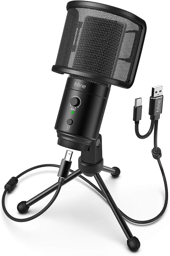 FIFINE K683A USB Desktop PC Microphone for Recording Streaming | Studio Condenser Mic, Gain Knob, Mute Button, Headphone Jack, Extra USB-C Plug, Pop Filter for Computer and Mac by FIFINE