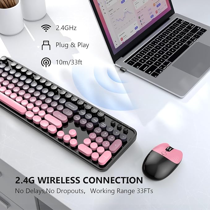 MOFII Wireless Keyboard and Mouse Combo, 2.4 GHz Full-Size Retro Round Keyboard and Mouse, Plug and Play, 8 Multimedia & Shortcut Keys for Mac, Windows, Laptop/Desktop/PC - Pink Gradient - Image 2