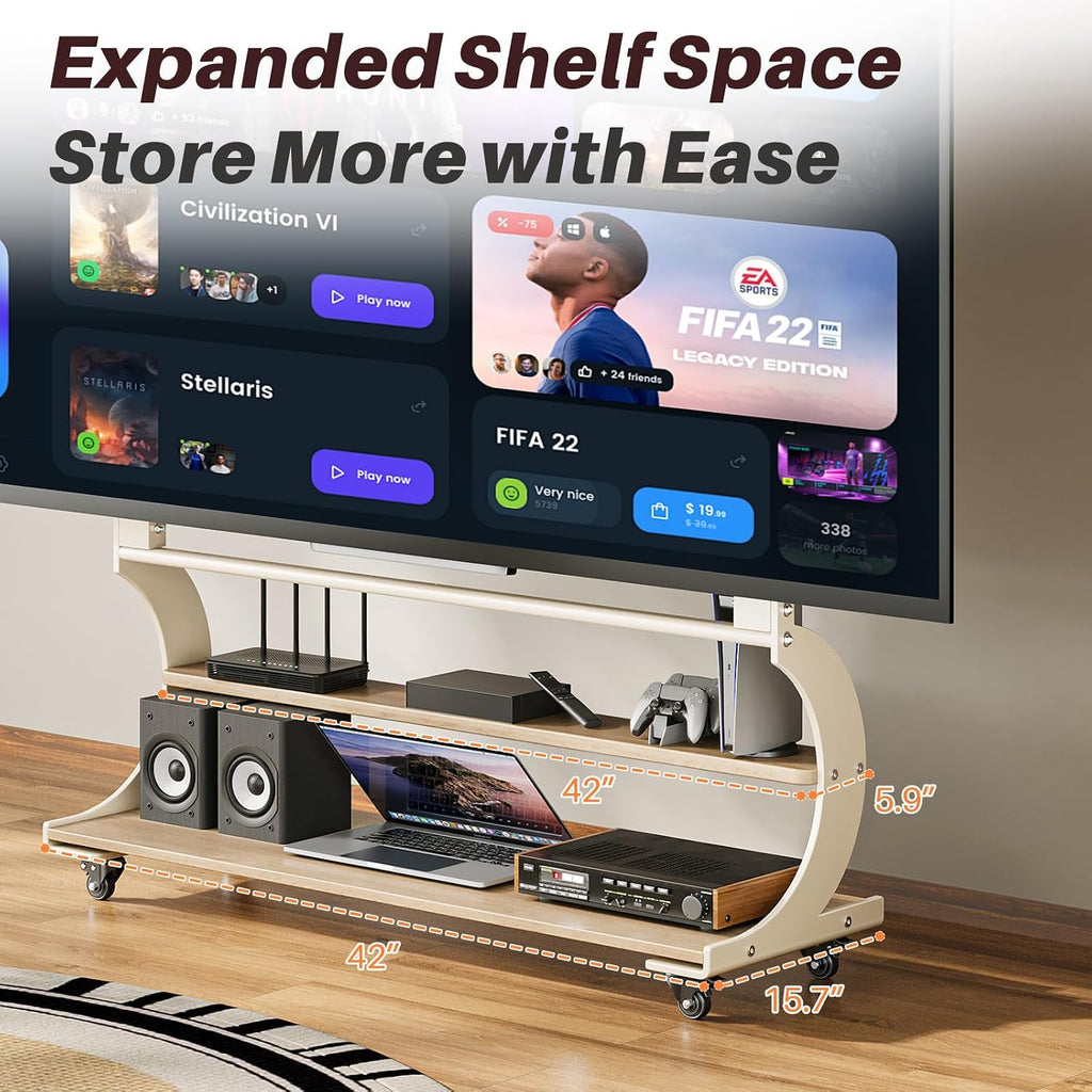 Easel Rolling TV Stand on Wheels for 50-100 Inch TVs with 2-Tier Shelves - Image 5