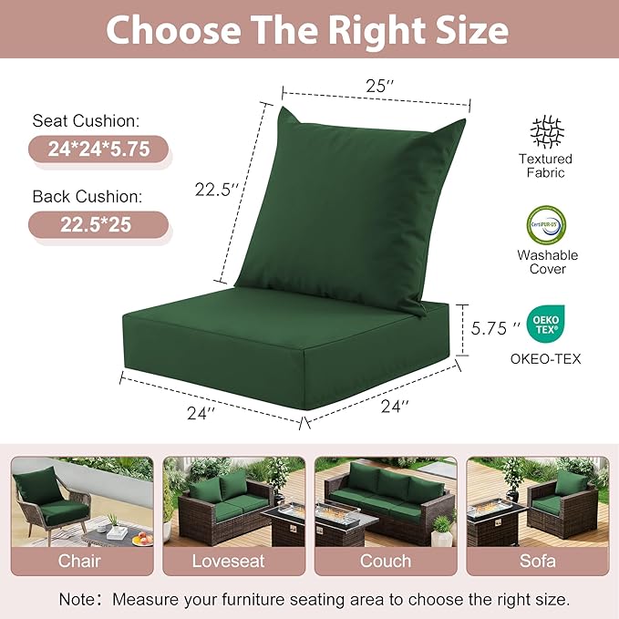 Outdoor Deep Seat Cushion Set, 24x24 Inch Water-Resistant & Fade-Resistant Outdoor Chair Cushions, Patio Furniture Cushions with Removable Cover for Patio Chair, Sofa, Forest Green (Set of 2) - Image 2