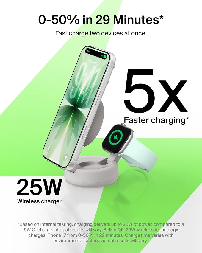 Belkin Qi2.2 25W Wireless 2 in 1 iPhone Charger, Fast Charging for Travel | Fast Charging, MagSafe Compatible, iPhone 17/16/15, Apple Watch, Travel Charger, Magnetic - Image 3