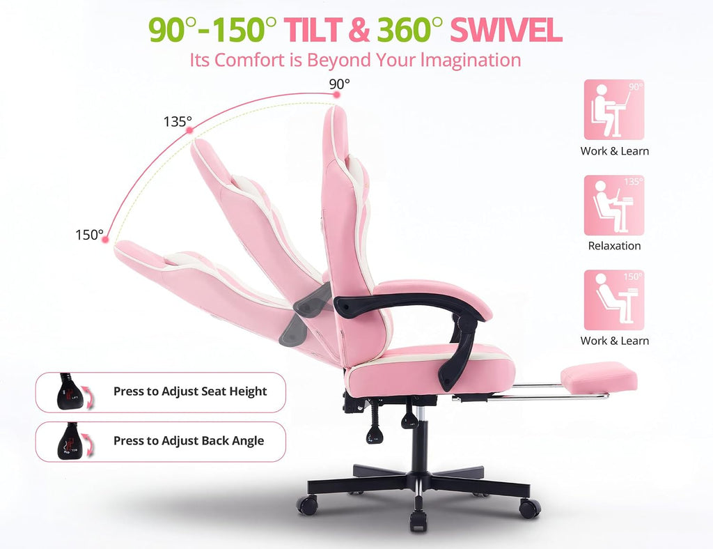 Office Desk Computer Gaming Chair for Adults, Ergonomic High Back Gamer Chair with Massage and Pocket Spring Cushion, Swivel Comfy Video Game Chairs with Footrest and Lumbar Support (Pink White) - Image 4