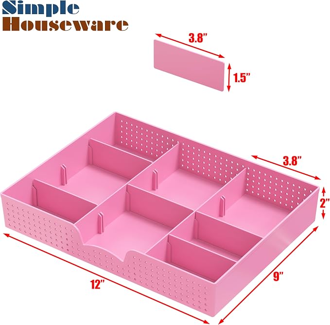 Simple Houseware Drawer Organizer Tray, 9 Adjustable Compartments, Pink | For Office, Makeup, and Craft Drawer or Desktop Storage - Image 7
