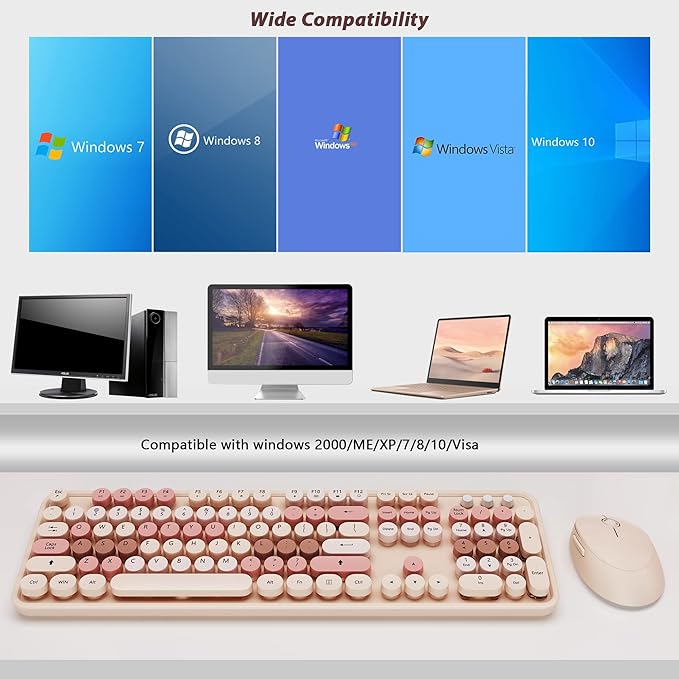 Cute Colorful Retro Typewriter Wireless Keyboard Mouse Combo | Retro Typewriter Keyboard with Round Keycaps, Full-Size Ergonomic, Ideal for Windows PC, Home, Office, - Image 9