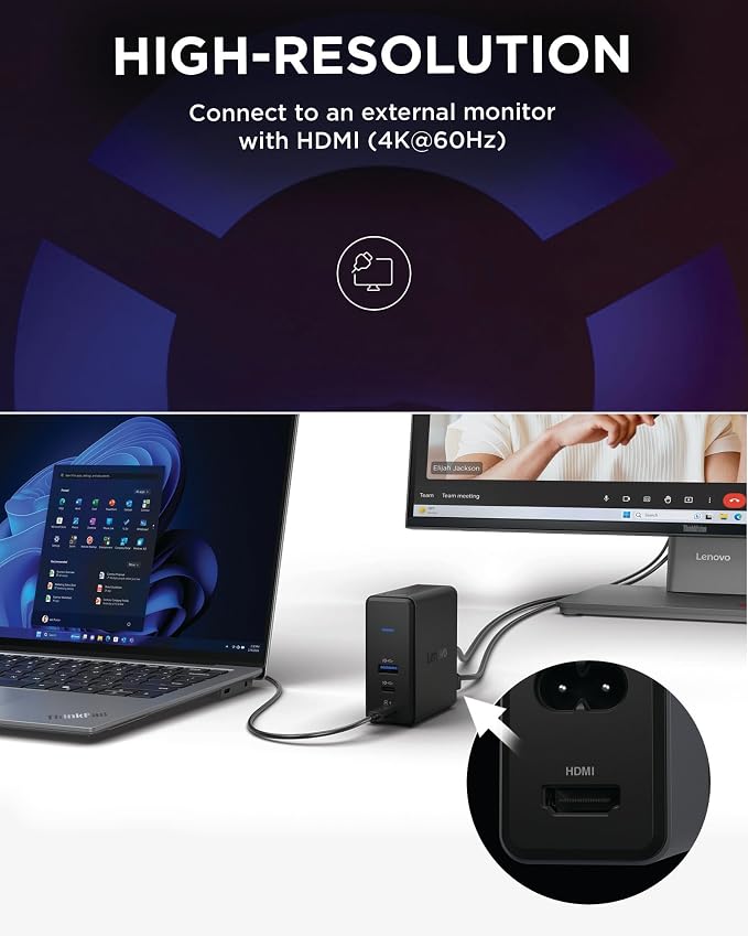 Lenovo GaN Charging Dock, Multiport Docking Station w/ 60W PD, HDMI, USB-C, USB-A, Micro SD, Power Adapter & Dock in One, Compact Design, Sustainable Materials, Home Office Gaming Dock Stand Console - Image 6