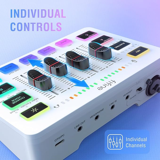 FIFINE Audio Mixer, Gaming Streaming PC Mixer with Slider Fader, XLR Microphone Interface, Monitoring, for Video/Game Voice/Podcast Recording-AmpliGame SC3W | USB PnP For PC,Mute Button,XLR Preamp,RGB,Voice change,48V Phantom Power,Monitoring,Podcast,R... - Image 3