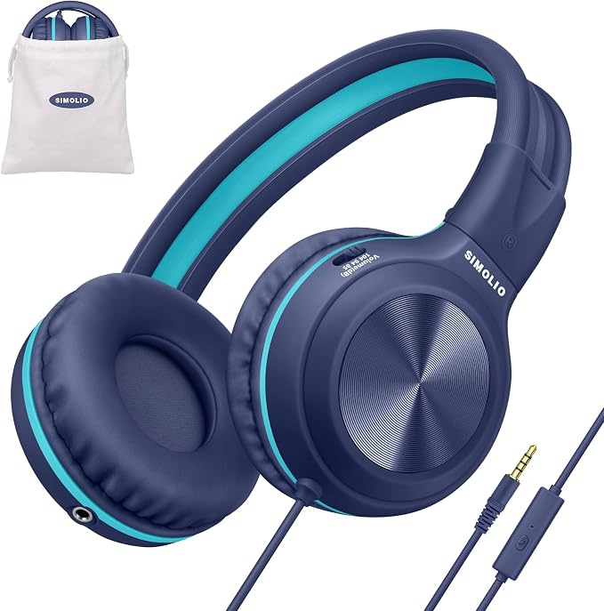 SIMOLIO Manyshare Series- Wired Kids Headphones for School with Microphone, Volume Limiting & Noise Cancelling PC Headset with Cord & Carry Pouch, Plug in Headphones for Tablet, Laptop (Navy Blue) by SIMOLIO
