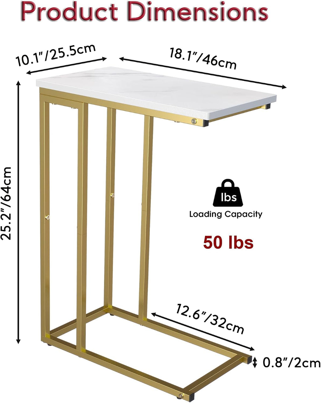 Yusong C Shaped End Table, Couch Side Table that Slide Under Sofa Bed, Small Table for Small Spaces, Skinny Overbed Table for Coffee Drink Snack, Living Room, Gold and White Marbled Wooden Top - Image 3