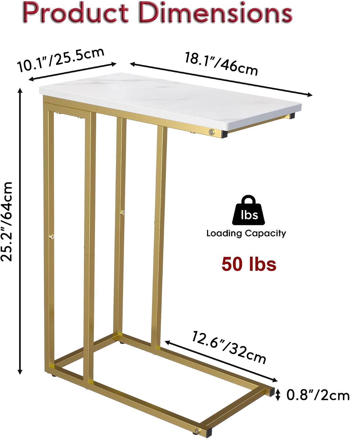 Yusong C Shaped End Table, Couch Side Table that Slide Under Sofa Bed, Small Table for Small Spaces, Skinny Overbed Table for Coffee Drink Snack, Living Room, Gold and White Marbled Wooden Top - Image 3