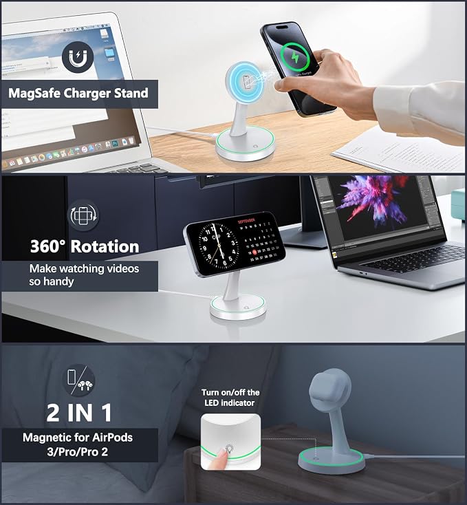 2 Pack Magnetic Wireless Charger Stand 15W Fast Mag-Safe Charger for iPhone iPhone 17 /17 pro/ 17 Air/ 17 pro max 16/15/14/13/12 Series Magnet Wireless Charging Station with Light for AirPods - Image 2