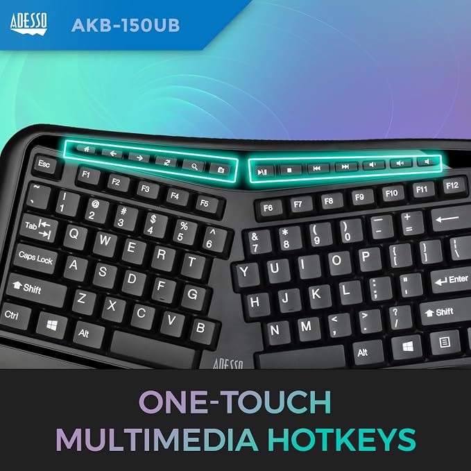 Adesso Ergonomic USB Keyboard, 105-Key US Layout AKB-150UB | Integrated Palm Rest, Split Key Design, Multimedia and Internet Hotkeys - Image 7