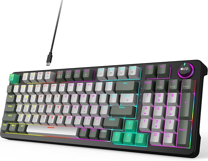 MOFII AK96 Mechanical Gaming Keyboard, Full Keys LED Backlit Programmable, Plug and Play USB A/C Wired Computer Custom Keyboard with Sound/Light Control Knob for Win/Mac - Gray & Black by MOFII