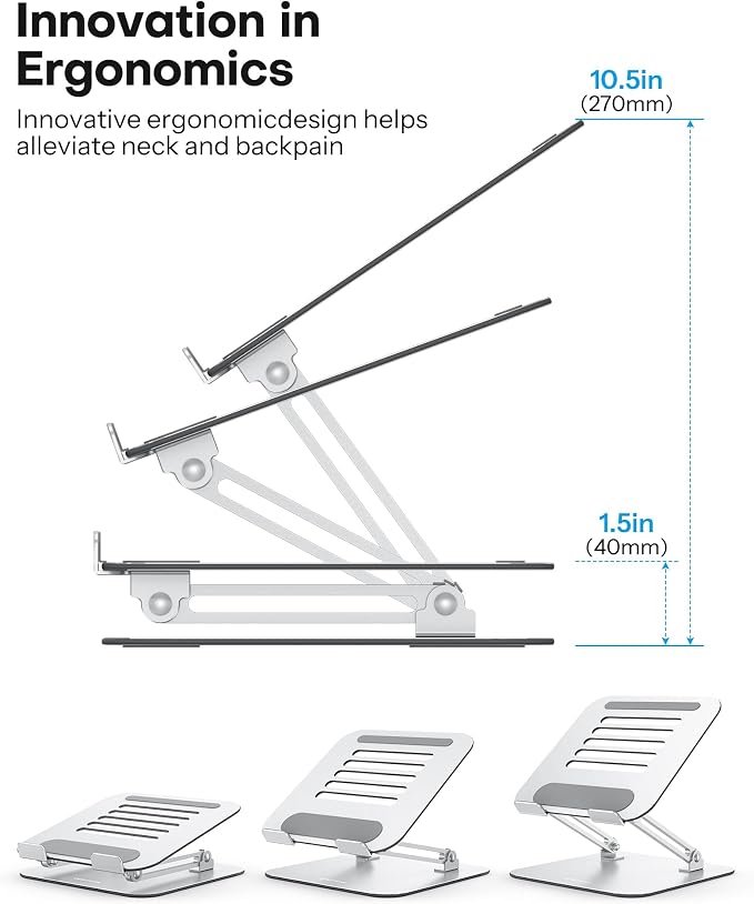OMOTON Laptop Stand, Adjustable Metal Foldable Riser 10-17.2", Silver | Ergonomic Cooling Laptop Holder, Height Adjustable to 270mm for Sit-Stand, Portable Travel - Image 3