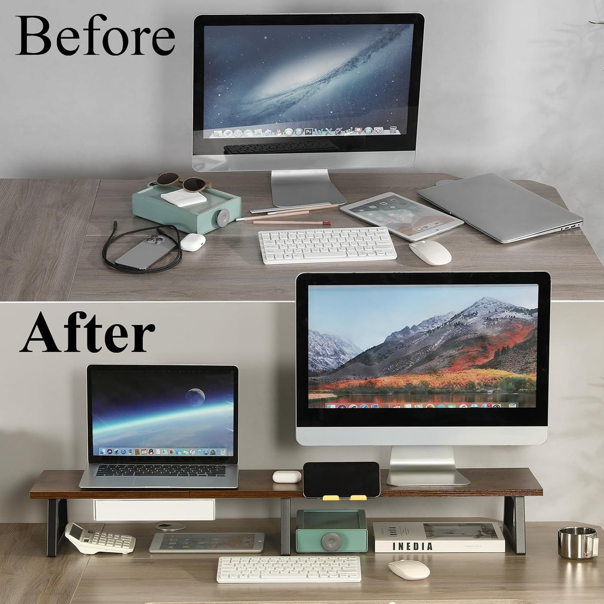 TEAMIX 42 inch Dual Monitor Stand Riser with Storage Drawer for Desk, Brown - Image 5