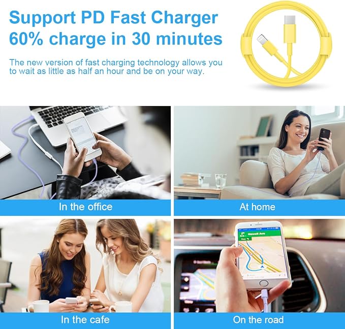 iPhone Fast Charger 3+3Pack 20W USB C Wall Charger with 6FT Fast Charging Cable Compatible with iPhone 14/13/12/11/Pro/Pro Max-Yellow - Image 6