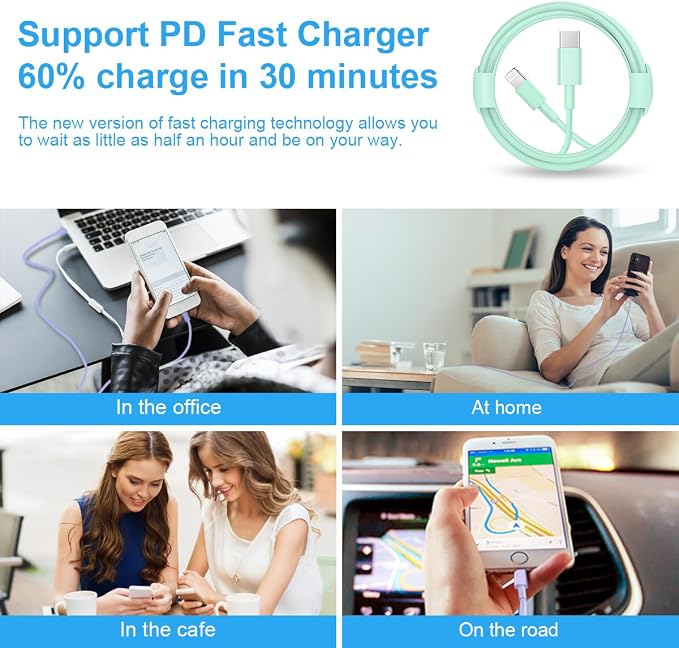 iPhone Fast Charger 3+3Pack 20W USB C Wall Charger with Extra Long 10FT Fast Charging Cable Compatible with iPhone 14/13/12/11/Pro/Pro Max-Green - Image 6