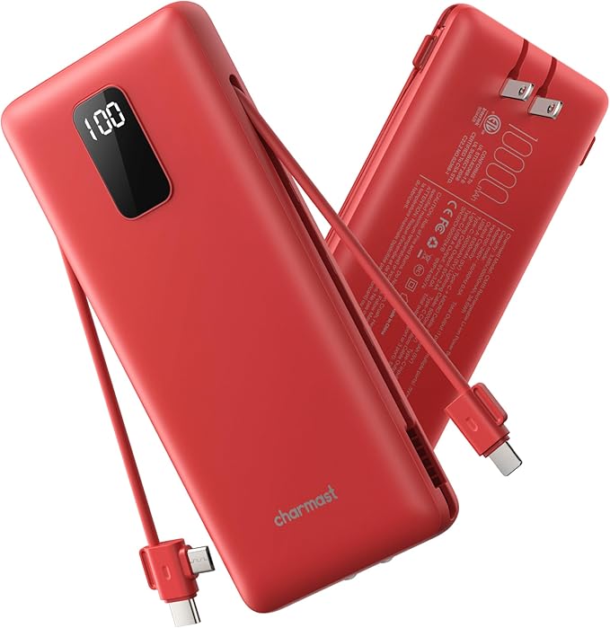 charmast 10000mAh Portable Charger with Built-in Cables and AC Wall Plug | Slim All-in-One USB-C Power Bank, Charge Up to 4 Devices at Once, Travel Essential, Compatible with iPhone, Samsung, Android by charmast
