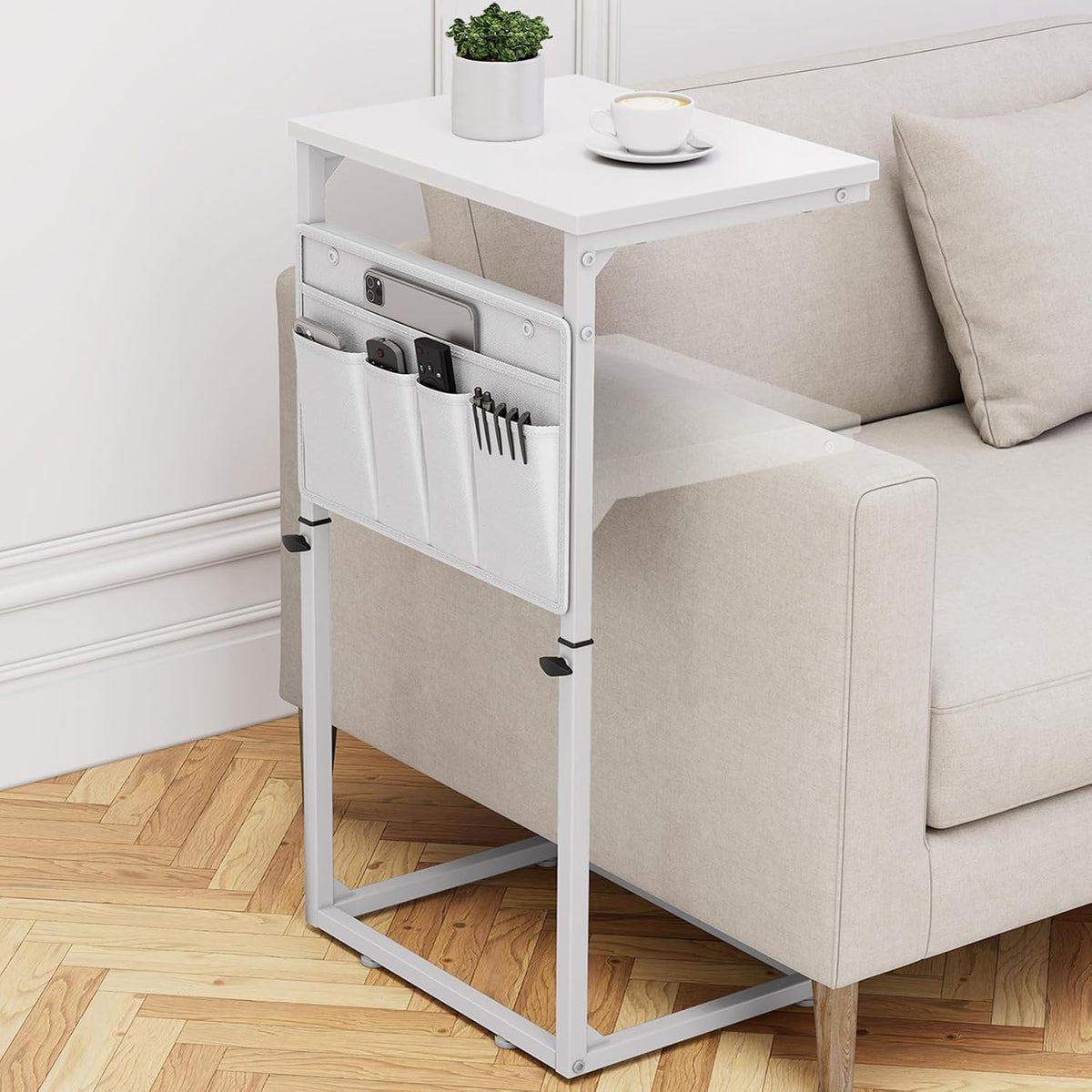 C Shaped End Table, 33" Tall Side Table for Couch, Adjustable Height Small Couch Side Table for Small Spaces, C Table End Table Slide Under Sofa Table TV Tray for Living Room Bedroom, White by Vagusicc