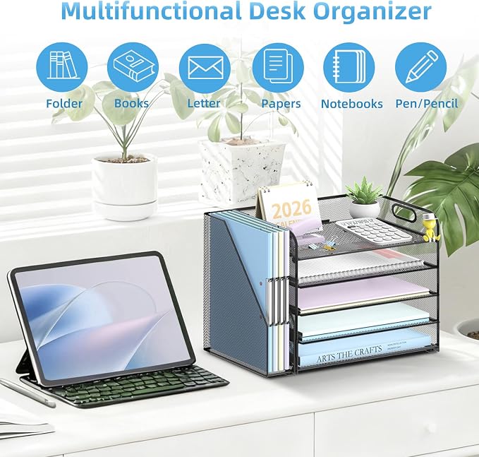 5-Tier Desk Organizer with File Holder, Paper Organizer for Desk, Black | 5 Letter Trays and Vertical File Holder with Metal Mesh Frame for Papers Folders Books and Mail in Office Home or School - Image 6