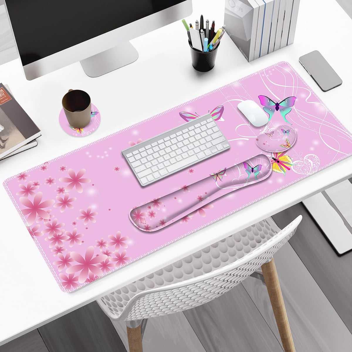 Pink Butterfly Desk Mat, Florals 4 in1 Large Gaming Mouse Pad Set, Ergonomics Keyboard Pad with Memory Foam Wrist Rest, Extended Game Mousepad Non-Slip Desk Protector Matt Easy Typing Pain Relief - Image 2