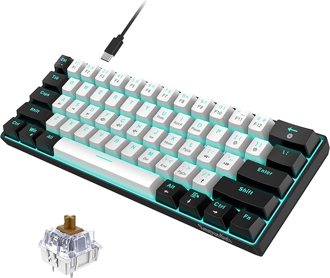 Snpurdiri 60% Mechanical Gaming Keyboard (Black-White, Brown Switches) | Ice Blue LED Backlit 61 Keys Mini Wired Office Keyboard for Windows Laptop PC Mac by Snpurdiri