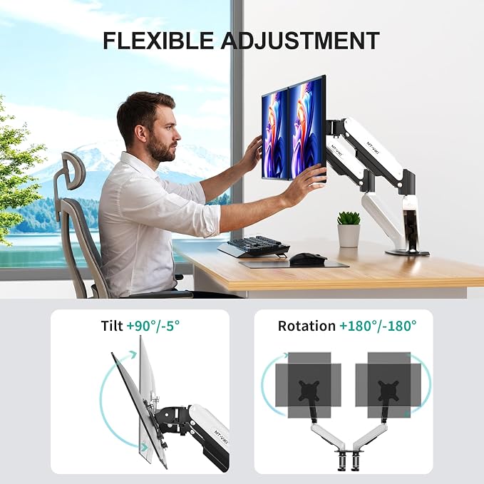 MT-VIKI Dual Monitor Stand - Gas Spring Double Monitor Arm with Quick Release VESA Plates for 2 Screens 17-32 Inch, Full Motion Articulating Desk Mount, Holds 4.4-19.8lbs - Image 3