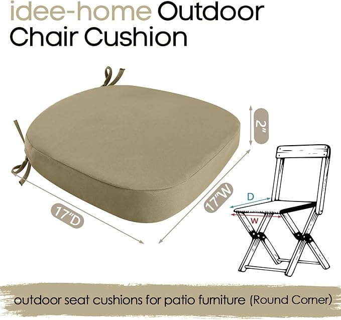 idee-home Outdoor Chair Cushions Set of 4, 17" x 17" D-Shaped | Thick Outdoor Seat Cushions Waterproof Patio Furniture with Ties Dining Pads - Image 8