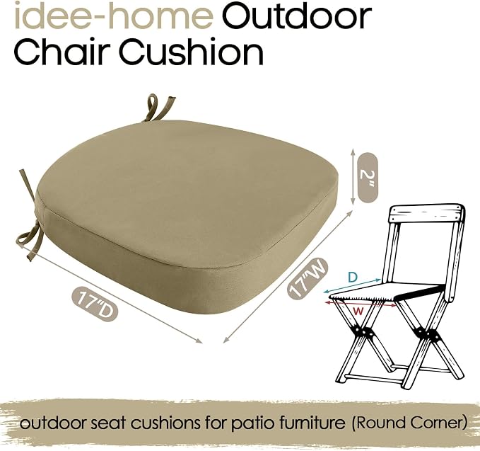 idee-home Outdoor Chair Cushions Set of 2, 17" x 17" D-Shaped | Thick Outdoor Seat Cushions Waterproof Patio Furniture with Ties Dining Pads - Image 8
