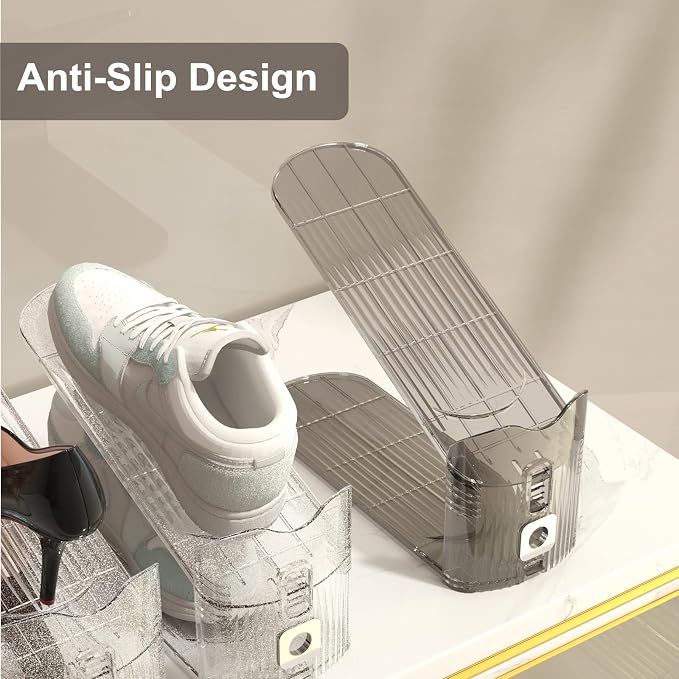 CiBiZi Adjustable Shoe Slots Organizers Clear Shoe Space Saver Shoe Stacker Shoe Rack Holder Oraganizers for Closet Cabinet Storage Grey 12Pack - Image 4