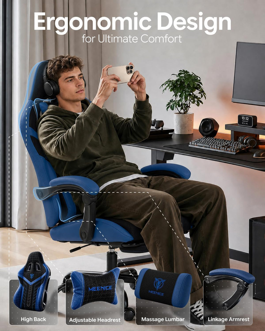 Ergonomic Gaming Chair with Footrest for Adults, Leather Mesh - Image 5