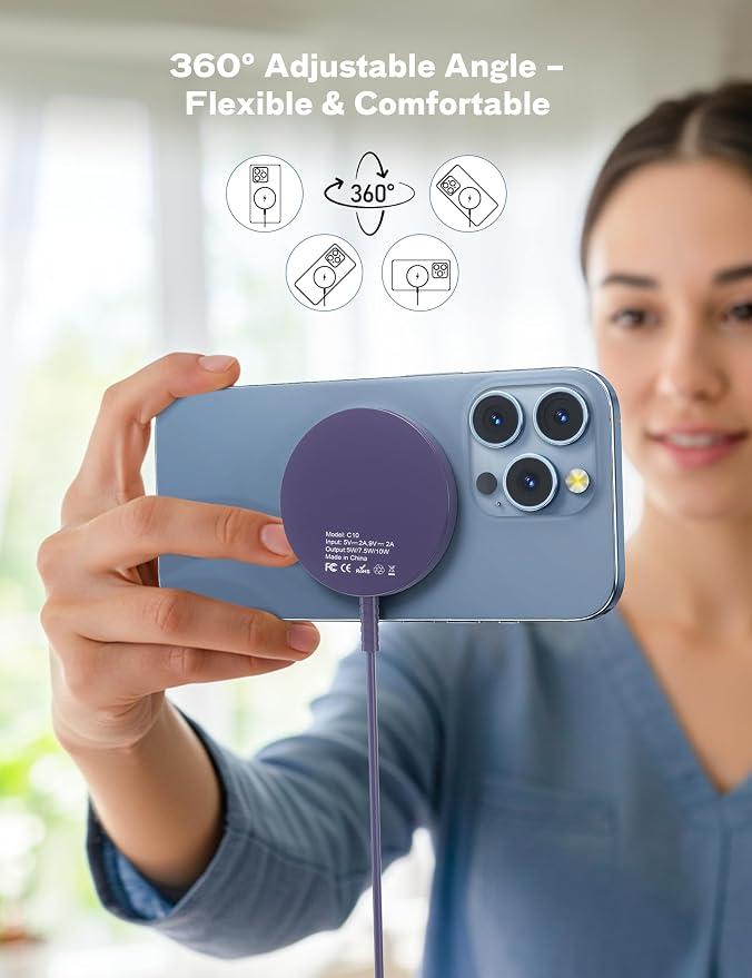 Bohuma Magnetic Wireless Charger for iPhone – 15W Fast Charging Pad with Dual Ports - Compatible with iPhone 12-17 & AirPods 4 3 2 Pro – Purple Sleek Aluminum Alloy Design for Home, Office & Travel - Image 6