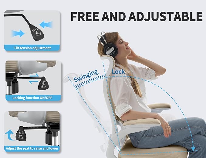 TRALT Office Chair Ergonomic Desk Chair - Gaming Chair with Lumbar Support | 330 LBS Home Office Desk Chairs , Reading Chair with Flip-up Armrests, Comfortable Computer Chairs (1, Beige) - Image 6