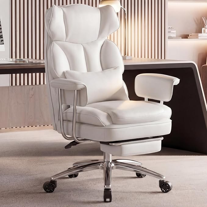 DUMOS Ergonomic Home Office Desk Chair, Executive Chair, PU Leather | Big Tall High Back, Lumbar Support, Reclining Height Adjustable, Computer Gaming, Footrest Swivel Wheels, Snow White by DumosLifestyle