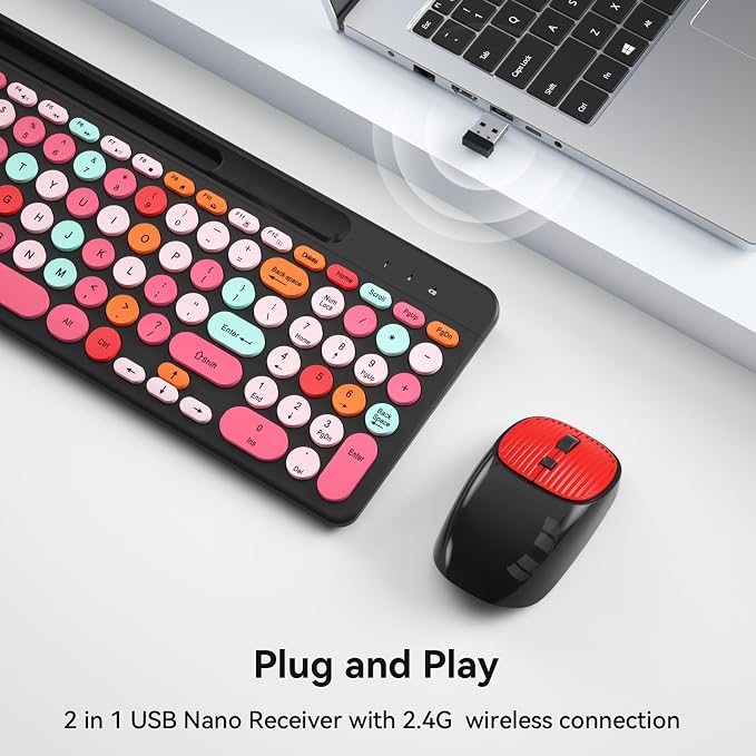 Retro Typewriter Wireless Keyboard with Round Keycaps, 2.4GHz Compact USB Cute Wireless Keyboard and Mouse Combo for Desktop, Laptop and Computer - Image 2