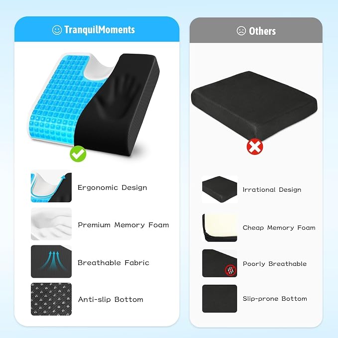 TranquilMoments Seat Cushion, Gel Wheelchair Seat Cushion, Black | Wheelchair Seat Cushion Cooling Gel Memory Foam, Tailbone Pain Relief & Non - Slip Bottom Chair Cushion - Image 4