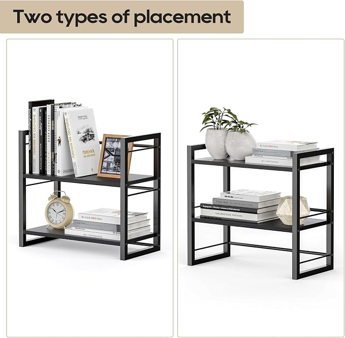 Office Desk Shelf Organizer, Wood Desktop Bookshelf Supplies Storage Rack, Shelf for Top of Desk and Dresser (Pure Black-2 Tier) - Image 7