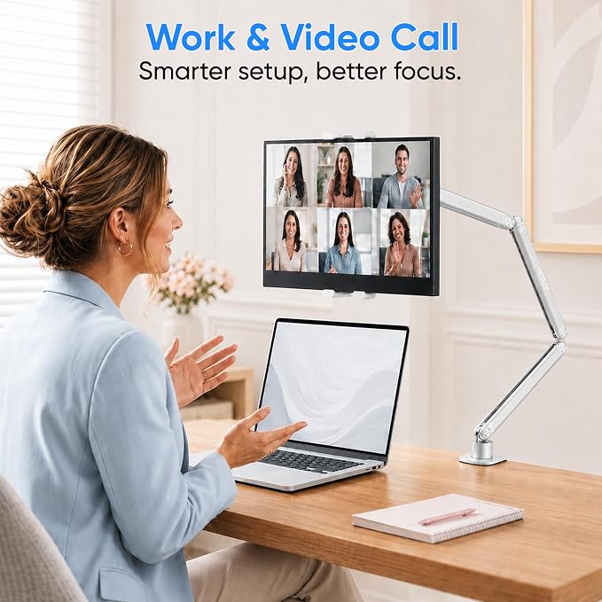 Portable Monitor Stand up to 18.5", iPad Stand for Desk, Silver | Aluminum Arm, Portable Monitor Holder 15.6", Adjustable Desktop Tablet Mount, Second Screens - Image 9