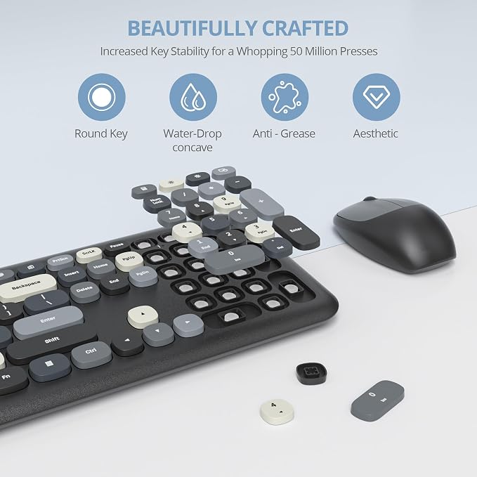 Surmen Colorful Black Quiet Keyboard and Mouse Wireless, Full-Size Girly Slient Keyboard Retro Typewriter Low-Noise 2.4GHz for Computer, Desktop, Laptop (X110-Blend Gray) - Image 3